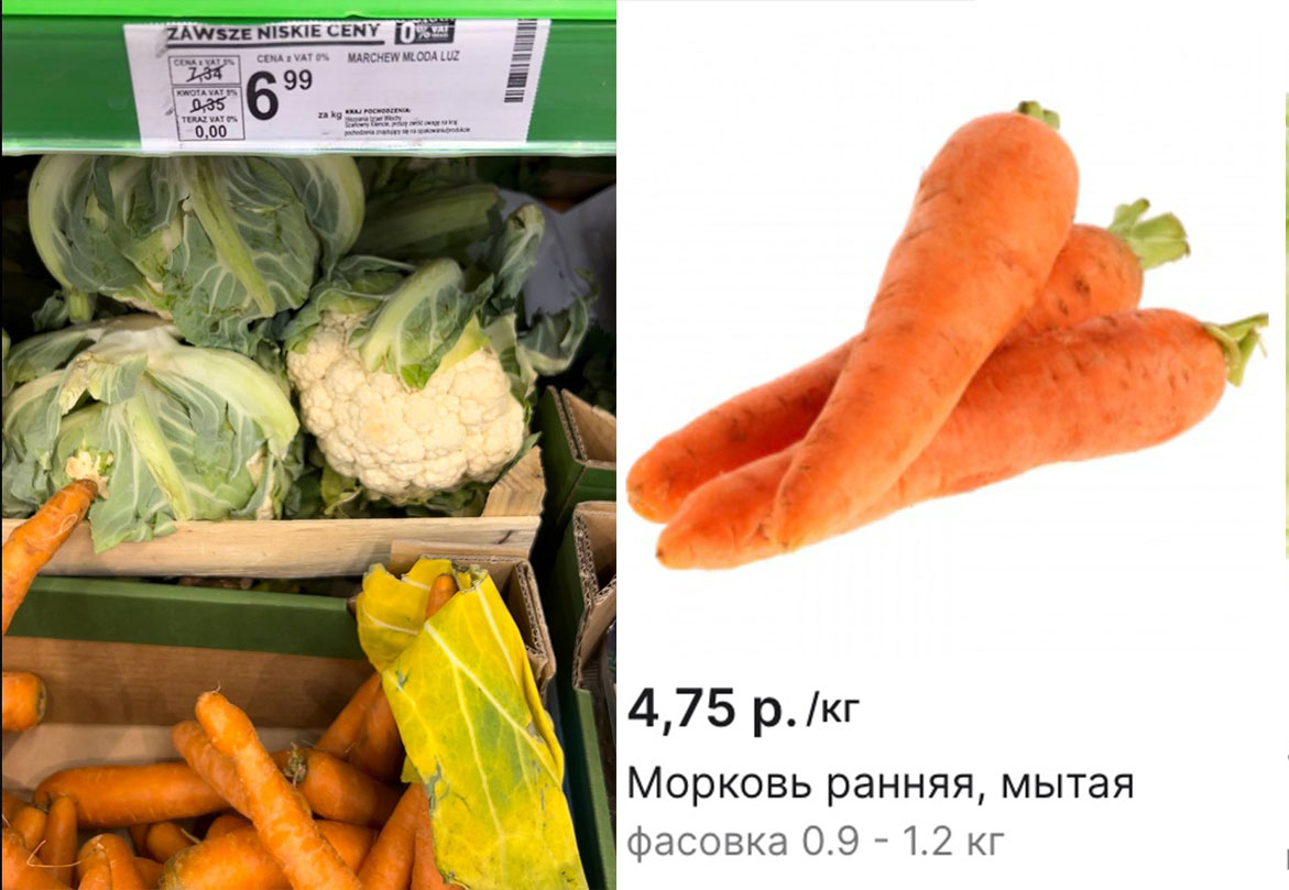 Сравнение цен на морковь в польском магазине Biedronka и на беларуском сайте «Е-доставка».