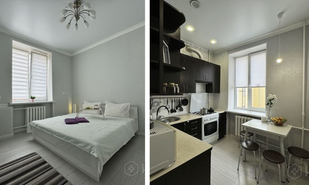 Интерьер спальни и кухни апартаментов на Машерова в Бресте. Фото: kufar.by.