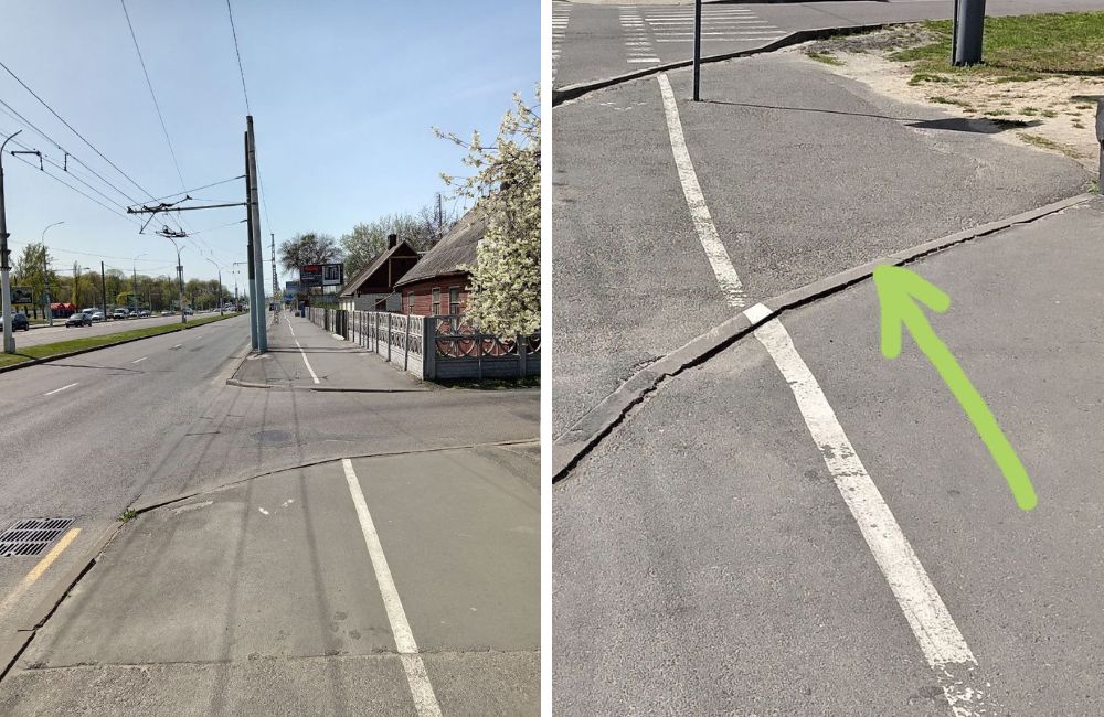 Тротуар с высокими бордюрами на Московской в сторону Кобринского моста в Бресте. Фото: Телеграм.