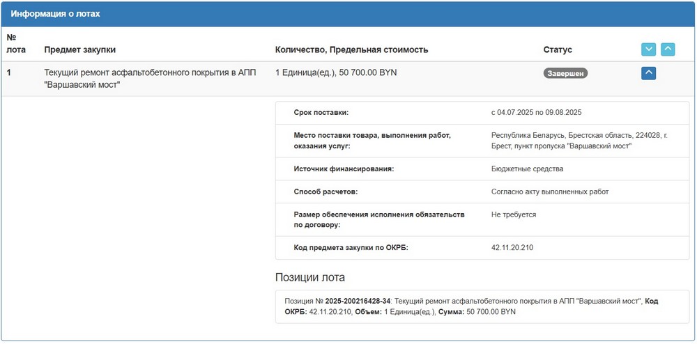 Тендер Брестской таможни на ремонт асфальта в пункте пропуска «Брест». Скриншот сайта госзакупок