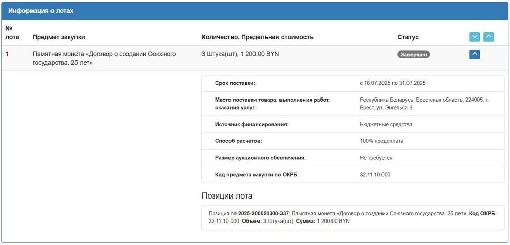 Тендер Брестского горисполкома на памятные монеты. Скриншот сайта госзакупок