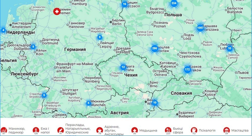 Интерактивная карта BYMAPKA с отмеченными беларускими бизнесами в Европе