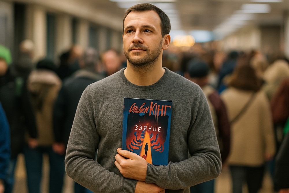 Мужчына трымае у руках кнігу Ззянне Стывена Кінга