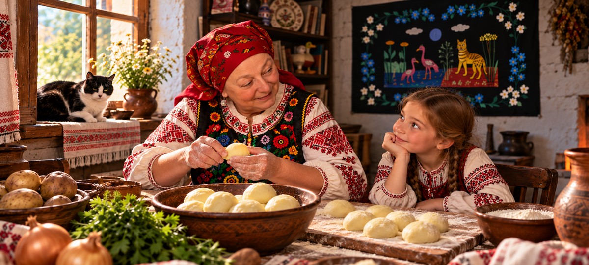 Беларуская жанчына ў традыцыйным строі лепіць бульбяныя клёцкі з душамі, унучка назірае за ёй, а на падваконні адпачывае чорна-белы кот Барсік.